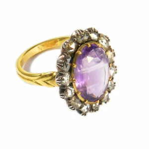 Antique Amethyst Diamond Ring 750 Gold & 0.7 CT Diamond Rose Um 1880 - Picture 1 of 7