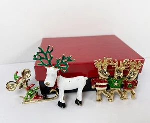 Christmas Pin Brooch Vintage BJ Mouse Sled Enamel Reindeer Spring Head 1970s 80s - Picture 1 of 10