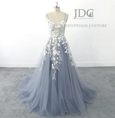 Dusty Blue Wedding Dress Bridal Gown Illusion Floral Lace Bodice Custom made - Image 1 of 4