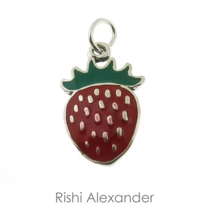 925 Sterling Silver Red Enamel Strawberry Charm Made in USA - Picture 1 of 2