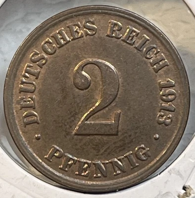 Moneda BU 1913-D Alemania Imperio Dos 2 Pfennig Sin Circular Solo 2.525.000 Acuñada Foto 1 de 4