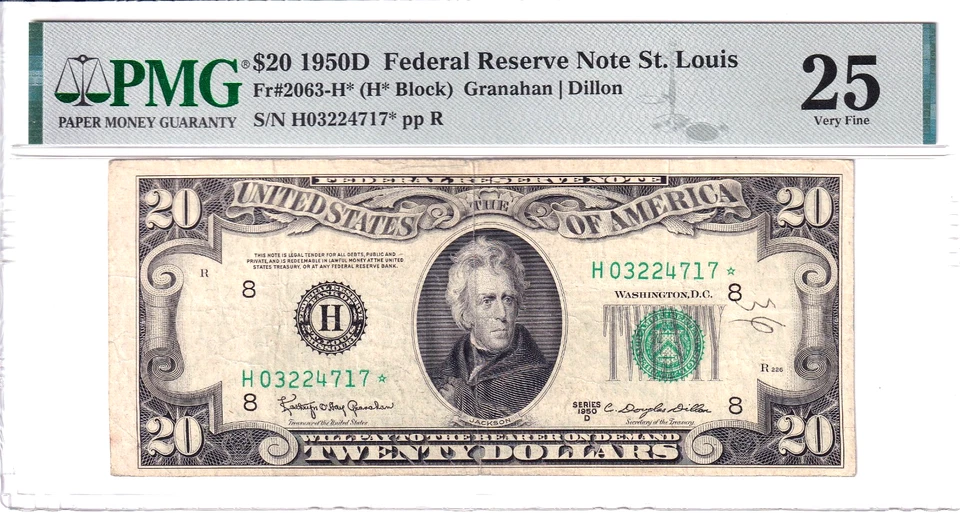 1950-D $20 FRN St Louis *STAR* PMG VF25 Muy Fino 25 Raro Pop 1/2 #H03224717* Foto 1 de 2