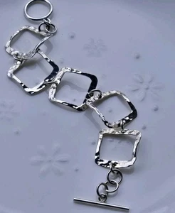 Vintage Hammered Sterling Silver Bracelet Open Squares Toggle Clasp Length 7" - Picture 1 of 9