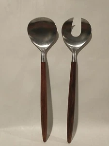 Reed & Barton stainless Japan salad Fork & Spoon 11" Set Teak Handle Vintage - Picture 1 of 8