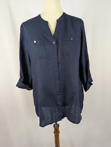 Cathy Daniels Linen Blend Button Up Shirt Roll Tab Sleeve V-Neck Size XL NEW NWT - Picture 1 of 6