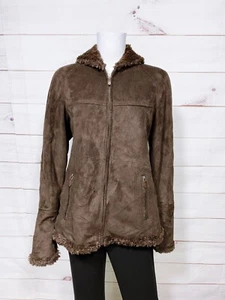 Jones New York Damen Faux Wildleder Kunstfell Kapuze Jacke Größe S Braun Full Zip - Bild 1 von 10