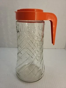 Vintage 70s Tang Glass Pitcher Orange Lid Etched Anchor Hocking - Quart - Retro - Picture 1 of 5