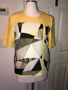 NWT Helmut Lang black YELLOW leather sleeves trim top shirt cubist print crepe L - Picture 1 of 7