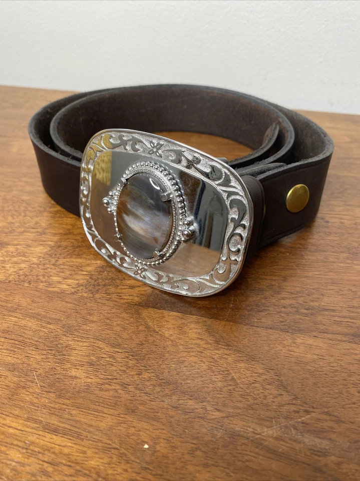 Cinturón de cuero marrón para hombre con hebilla a presión talla 40 piedra plateada extraíble 1 1/4" Foto 1 de 4
