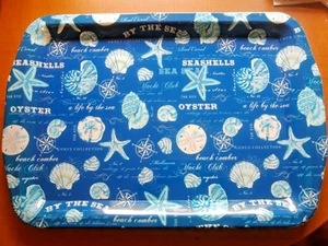 Bandeja de plástico melamina océano playa costa conchas brújula rosa estrella de mar azul blanco - Imagen 1 de 5