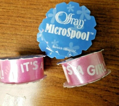 16 feet Baby Cool Pink It's a Girl Handprint Satin Ribbon 5/8"W - Image 1 of 4