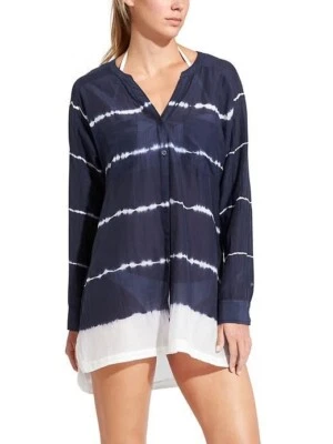 Athleta FAB! Camisa Tie Dye Rayas Caftán Mezcla Algodón/Seda en Azul Marino/Blanco roto S Foto 1 de 4