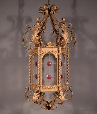 Lámpara/lámpara colgante francesa antigua de hierro y vidrieras XL de 36" de alto Foto 1 de 4