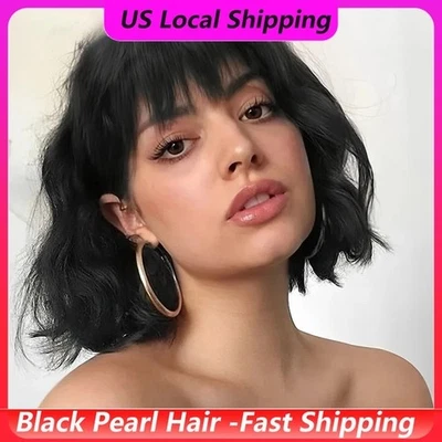 Pelucas negras cortas onduladas Bob 100 % cabello humano con flequillo para mujer brasileña Remy Ha Foto 1 de 4