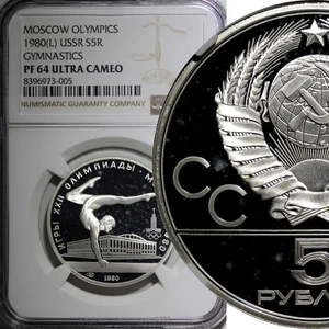 Russland Silber PP 1980 5 Rubel Turnen Olympiade, Moskau NGC PF64 UC Y#180 - Bild 1 von 5