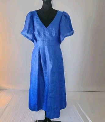 Vestido Tracy Reese Azul Laguna Mezcla de Lino Manga Abullonada Espalda Abierta Forrado Talla 8  Foto 1 de 4