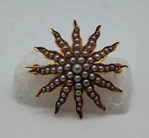 Flower star pearl split cultured pearl 14k solid yellow gold collar lapel brooch - Picture 1 of 8
