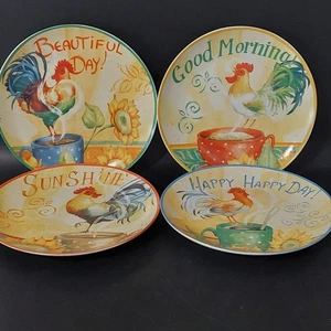 Pier 1 Piatti Insalata Gres 8" Galli Colorati Polli Set di 4 Fattoria Rustica - Foto 1 di 5