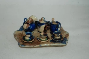 Vintage Puppenhaus Miniatur Mexikanisch Blau Glasiert Keramik Teeservice (7 Teile) Mexiko - Bild 1 von 8