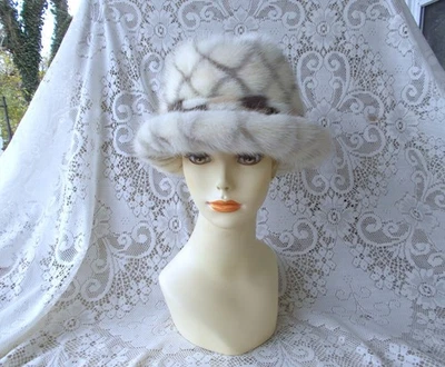 Vtg Adolfo New York Mink Fur Brimmed Hat Diamond Design White Gray Brown 21 1/2" - Image 1 of 4