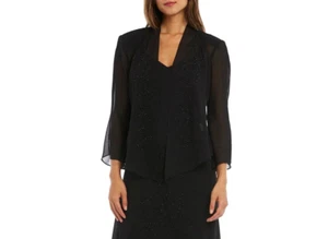 R & M Richards Beaded Open Front Jacket Women's 12 Black Long Sleeve - Picture 1 of 16