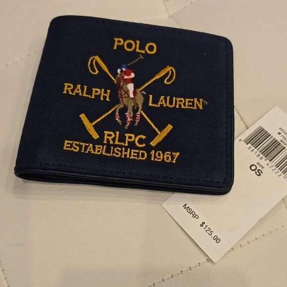 Ralph Loren Polo Azul Marino Lona Cuadros Cuero Bordado Hombre Cartera Nuevo $125 Foto 1 de 4