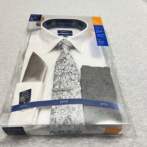 Apt 9 Shirt Tie Socks Set Mens Small 14 14.5 32/33 Slim Fit White Gray Wedding