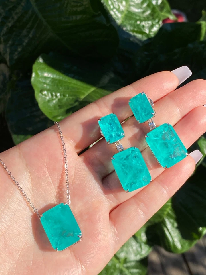 Mesmerizing glowing natural paraiba tourmaline earrings necklace jewelry set 925 - Image 1 of 4