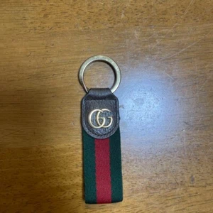 Auth Gucci Sherry Line GG Logo Key Ring Key Chain Red Green Canvas Bag Charm - Picture 1 of 3
