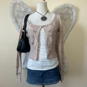 Coquette Cardigan Embellished Bows Knit Top Long Sleeve Beige S Kawaii Cute Mori - Picture 1 of 8