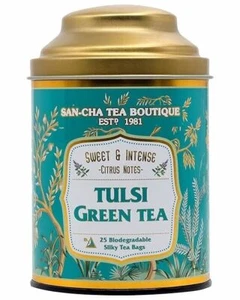 SAN CHA Tulsi Green 25 Pyramid Tea Bags Sweet Citrus Aroma, Natural Detox Tea - Picture 1 of 5