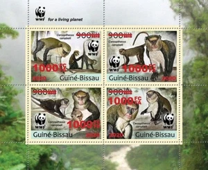 WWF Campbell's Mona SCIMMIA lamina rossa SOVRASTAMPA 4v foglio francobolli 2020 Guinea-Bissau - Foto 1 di 1