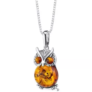 Baltic Amber Owl Pendant Necklace Sterling Silver Cognac Color - Picture 1 of 4
