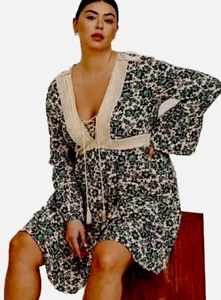 Torrid Skater Dress Size 1 Gauze Lace-Up Trim Bell Sleeves Blue Floral NWT - Picture 1 of 11