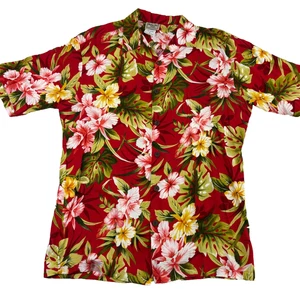 Aloha Hut Hawaii Mens M Hawaiian Shirt Red Floral Rayon Short Sleeve Vintage - Picture 1 of 9