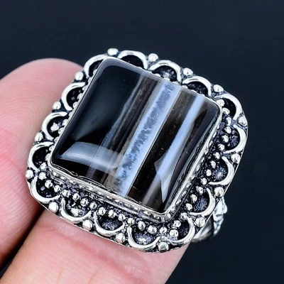 Anillo hecho a mano de ágata 925 con bandas enchapado en plata talla 6,5 de EE. UU. Foto 1 de 3