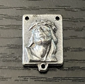 Vintage italienischer Rosenkranz Mitte - Jesus & Madonna Medaille, silberfarben, doppelseitig - Bild 1 von 4