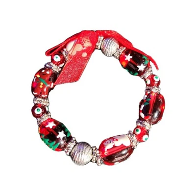  Pulseira elástica de contas de vidro vermelho de Natal com bonecos de neve, árvores e contas de Natal - Imagem 1 de 3