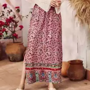 New Pink Floral Hippie Skirt Boho Bohemian Long Maxi Midi Side Slit Cottagecore - Picture 1 of 6