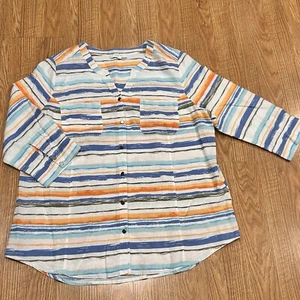 Coral Bay Womens Plus 1X 3/4 sleeve White Striped Linen Blend V-Neck Beach Top - Picture 1 of 11
