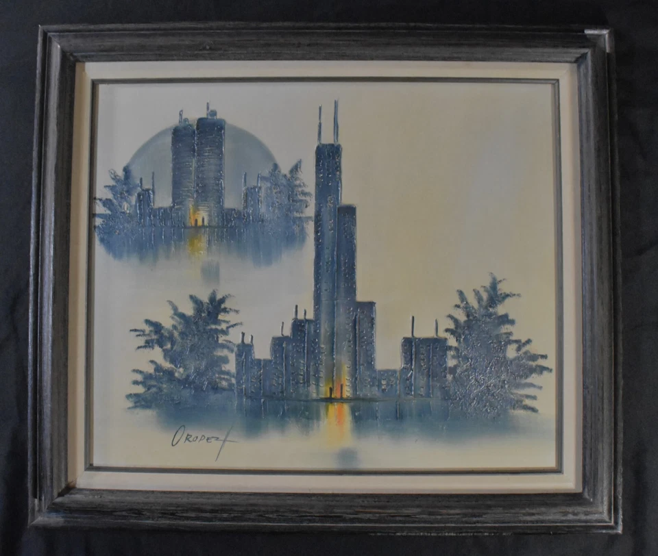 EDUARDO OROPEZA середины века современный Chicago Skyline масло на холсте, 26 «x 30» - Изображение 1 из 4