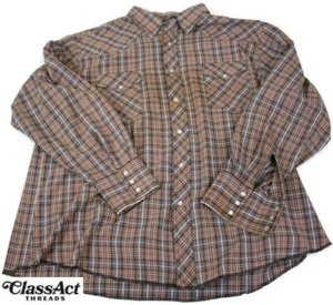Vintage Wrangler Mens Pearl Snap Western Cowboy Brown Plaid Retro Sz XXL - Picture 1 of 10