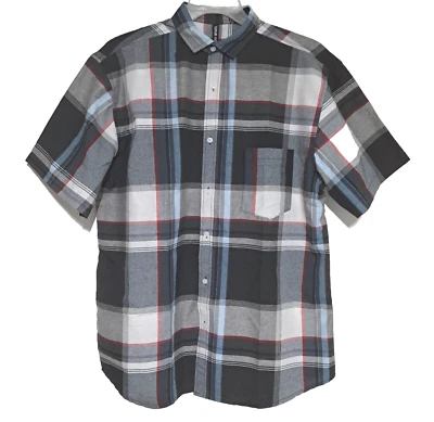 Plaid Shirt Mens Short Sleeve Button Down Collar One Pocket Blue/Red Color True - Image 1 of 4