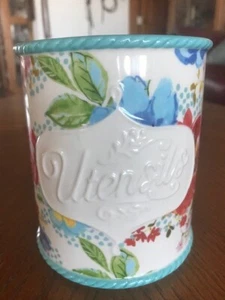 Pioneer Woman Melody Stoneware Utensil Holder Turquoise Blue Floral - Picture 1 of 9