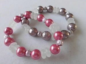 Shell Pearl pink/silver & Quartz Elasticated Bracelets x 2 - Picture 1 of 3