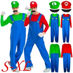 Men Adult Super Mario and Luigi Fancy Dress Plumber Bros Halloween Costume Party - Picture 1 of 12