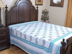 Bondi Blue White Paisley Cotton Bedding India Wall Tapestry Bed Sheet ~ Queen - Picture 1 of 3