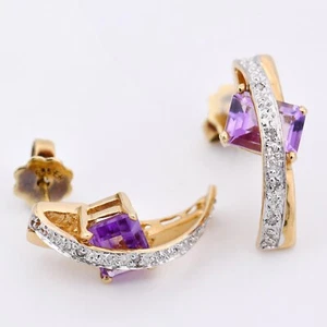 18 mm - Farbenfrohe Vintage Bicolor Gold 585/14K Ohrstecker Amethyst Zirkonia - Picture 1 of 9