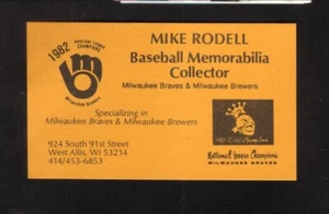 Tarjeta de visita de coleccionista de recuerdos de béisbol Mike Rodell West Allis Wisconsin - Imagen 1 de 1