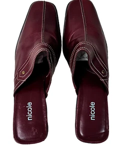 Nicole Colonel Mule Size 8.5 Wine Leather 3" Heel Slip On Rubber Sole - Picture 1 of 10